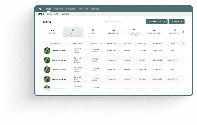 Eventrio leads board tracking every inquiry through to invoice